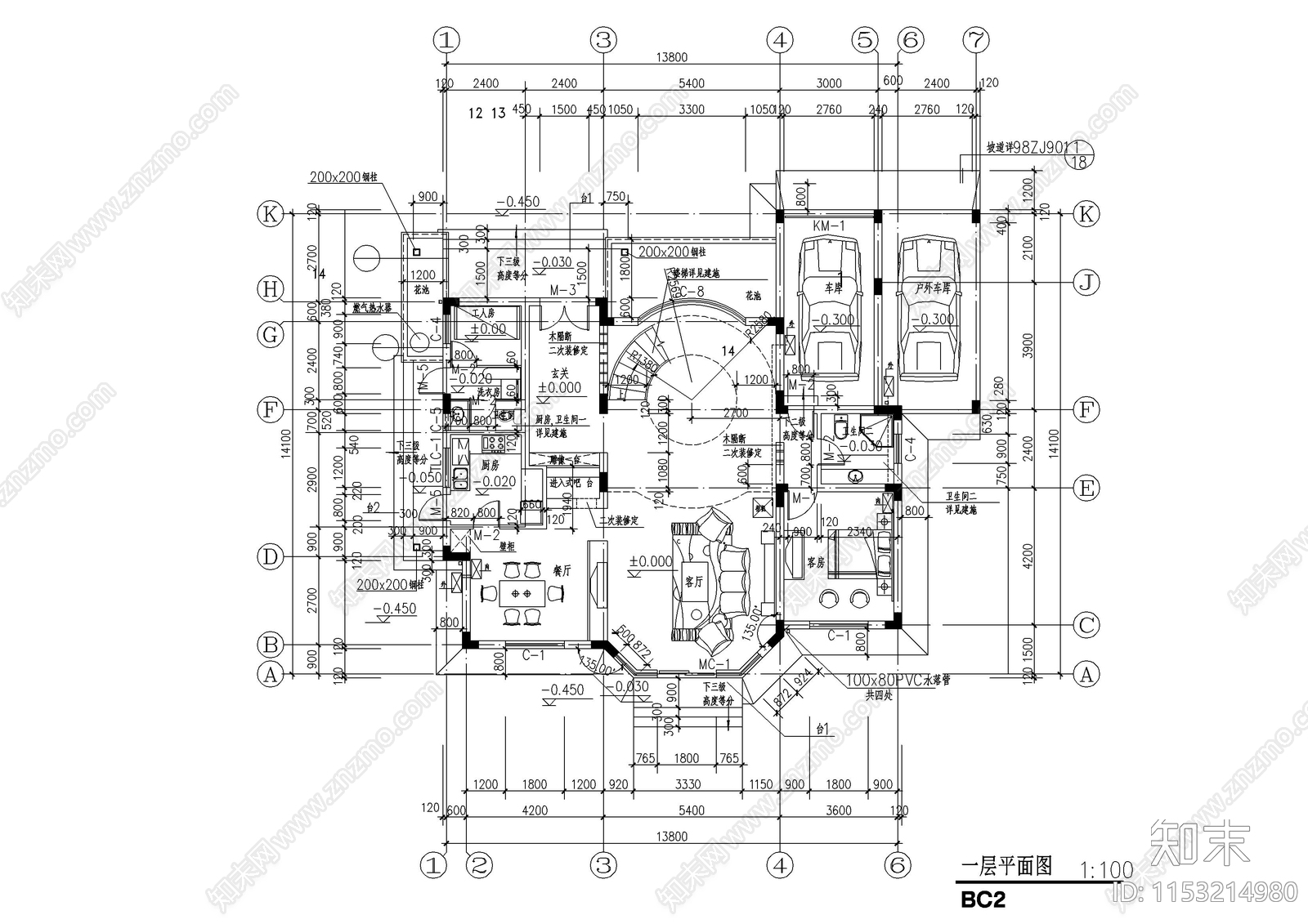 别墅建筑cad施工图下载【ID:1153214980】