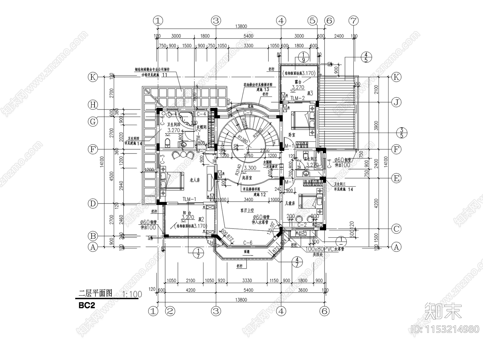 别墅建筑cad施工图下载【ID:1153214980】