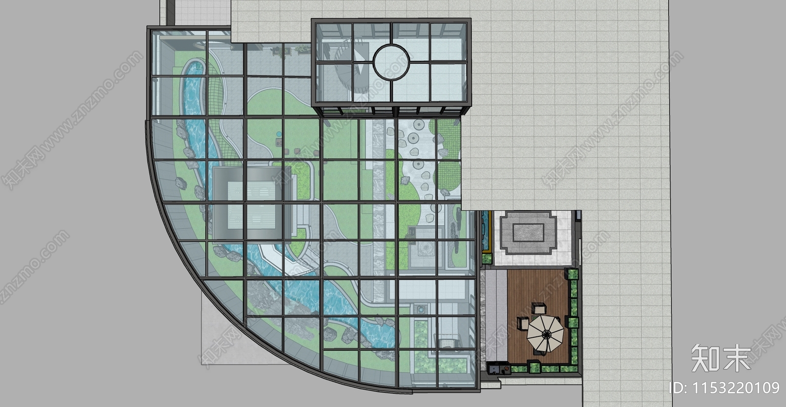 现代大型阳光房里的屋顶花园SU模型下载【ID:1153220109】