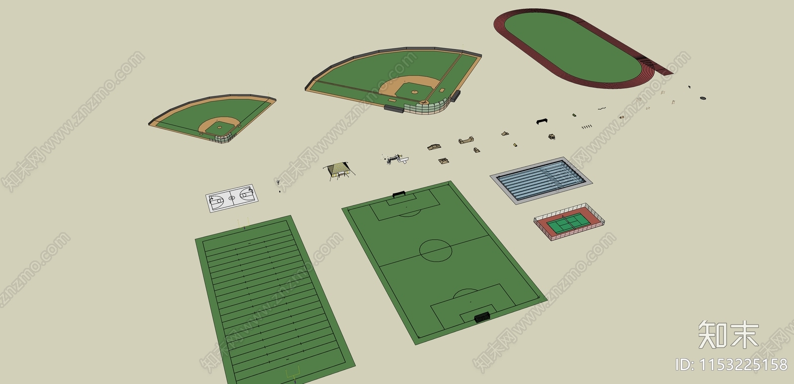 现代运动场及健身器材SU模型下载【ID:1153225158】