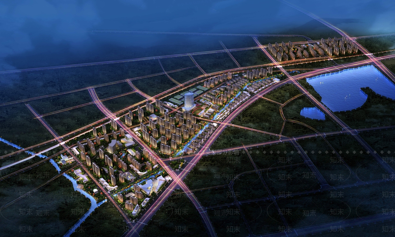 现代夜景鸟瞰规划3D模型下载【ID:1153229495】