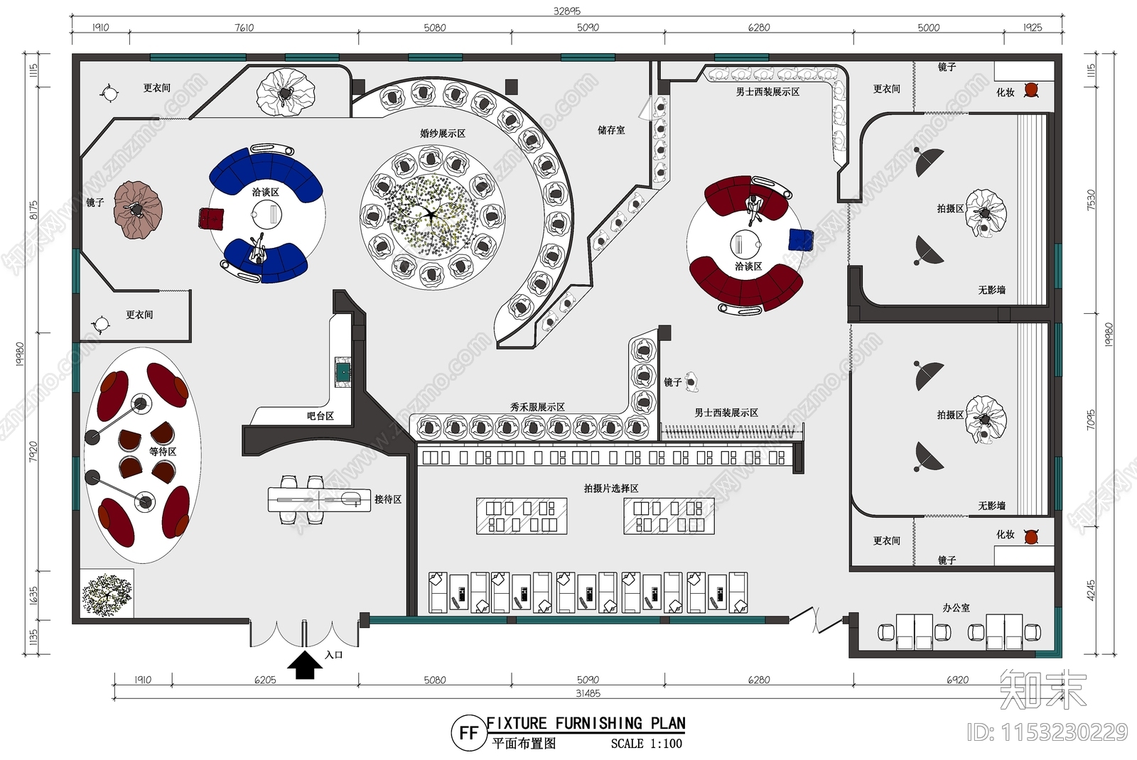 现代婚纱馆礼服店婚纱拍摄平面施工图下载【ID:1153230229】