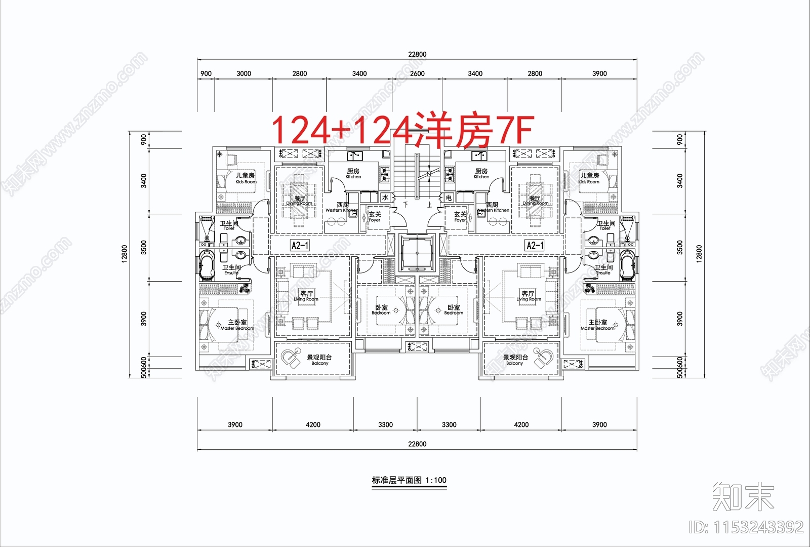 124㎡洋房7F家装cad施工图下载【ID:1153243392】