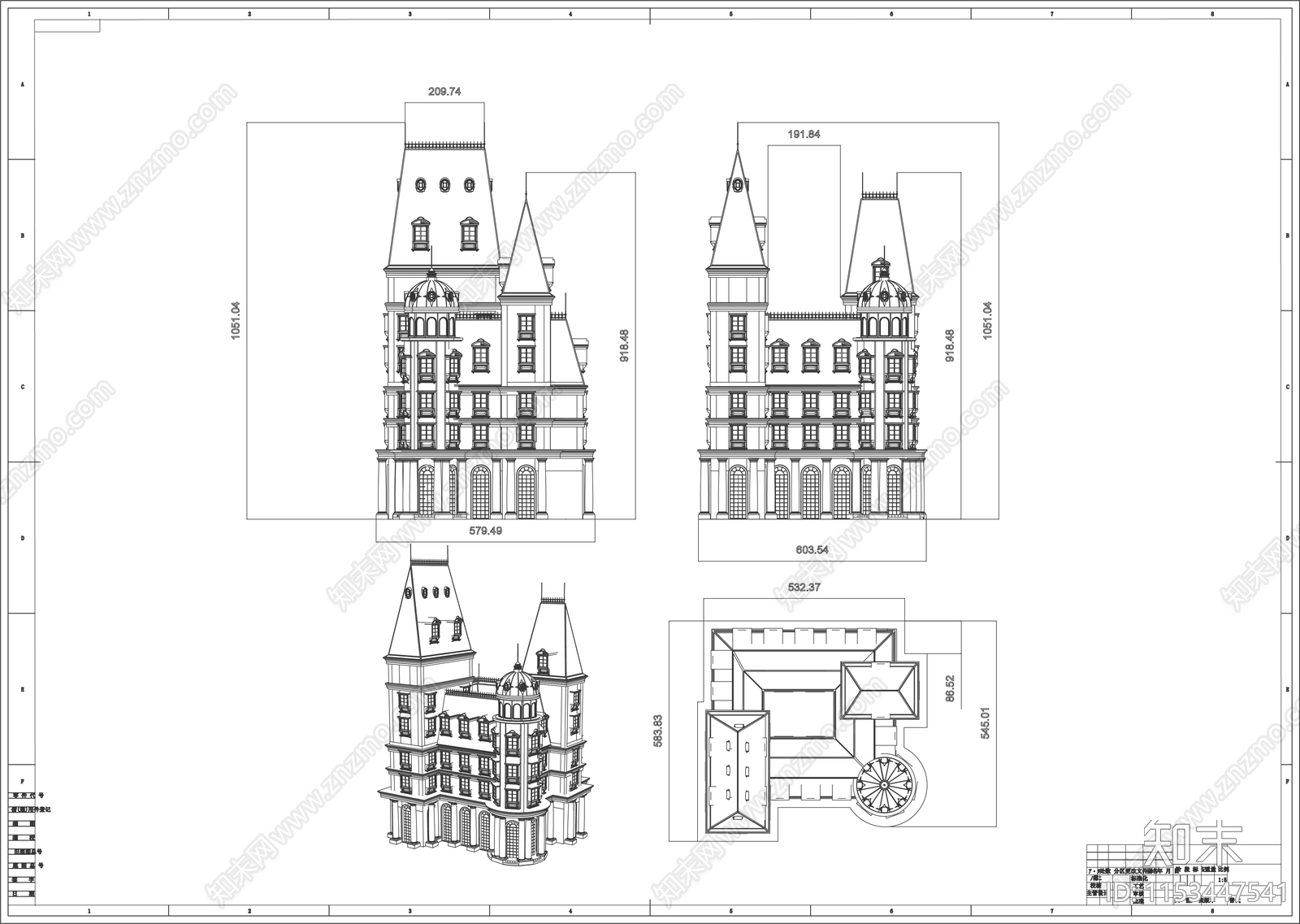 别墅建筑图库cad施工图下载【ID:1153447541】