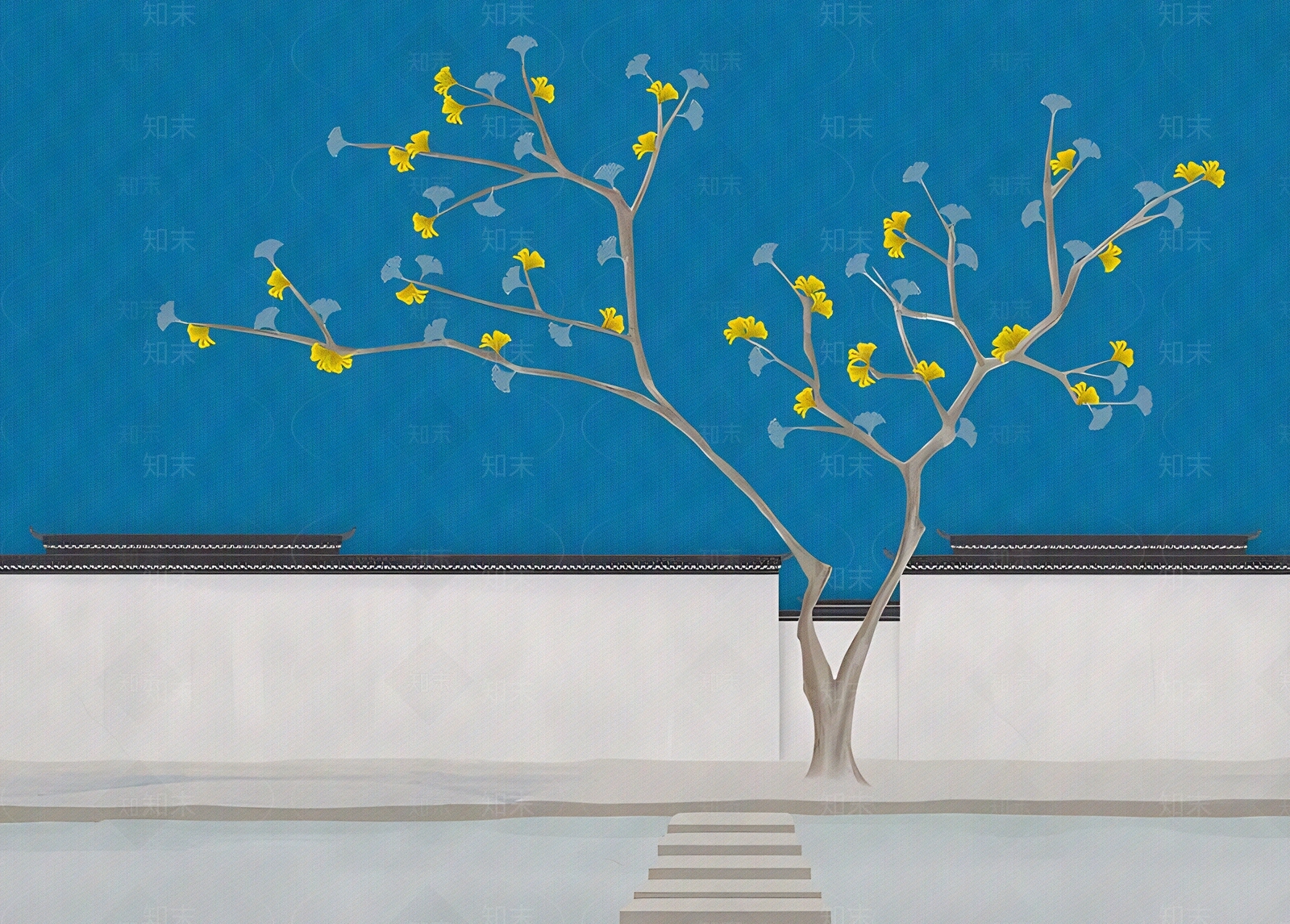 新中式围墙银杏叶壁画贴图下载【ID:1153261654】