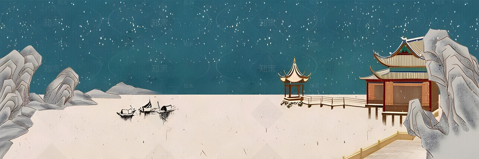 新中式雪中庭院亭子壁画贴图下载【ID:1153271015】