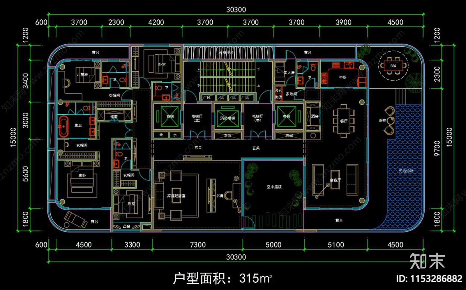 高层豪宅家装cad施工图下载【ID:1153286882】