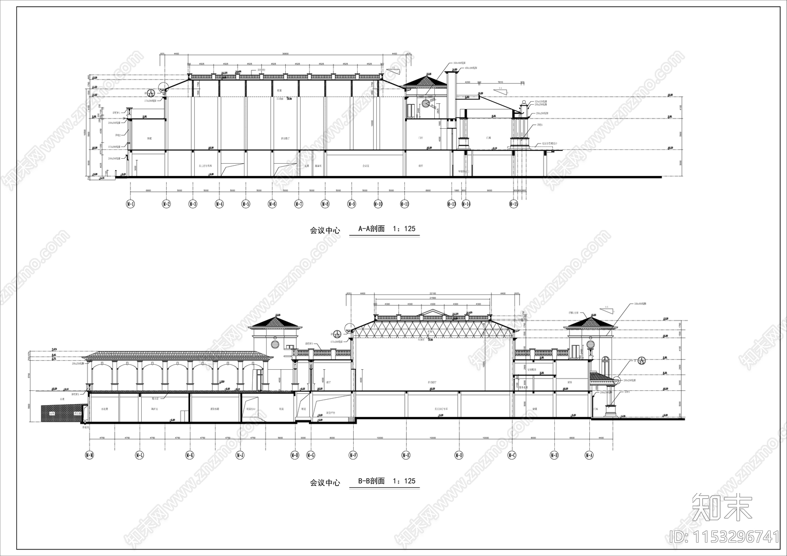 欧式风格会议中心建筑设计施工图下载【ID:1153296741】