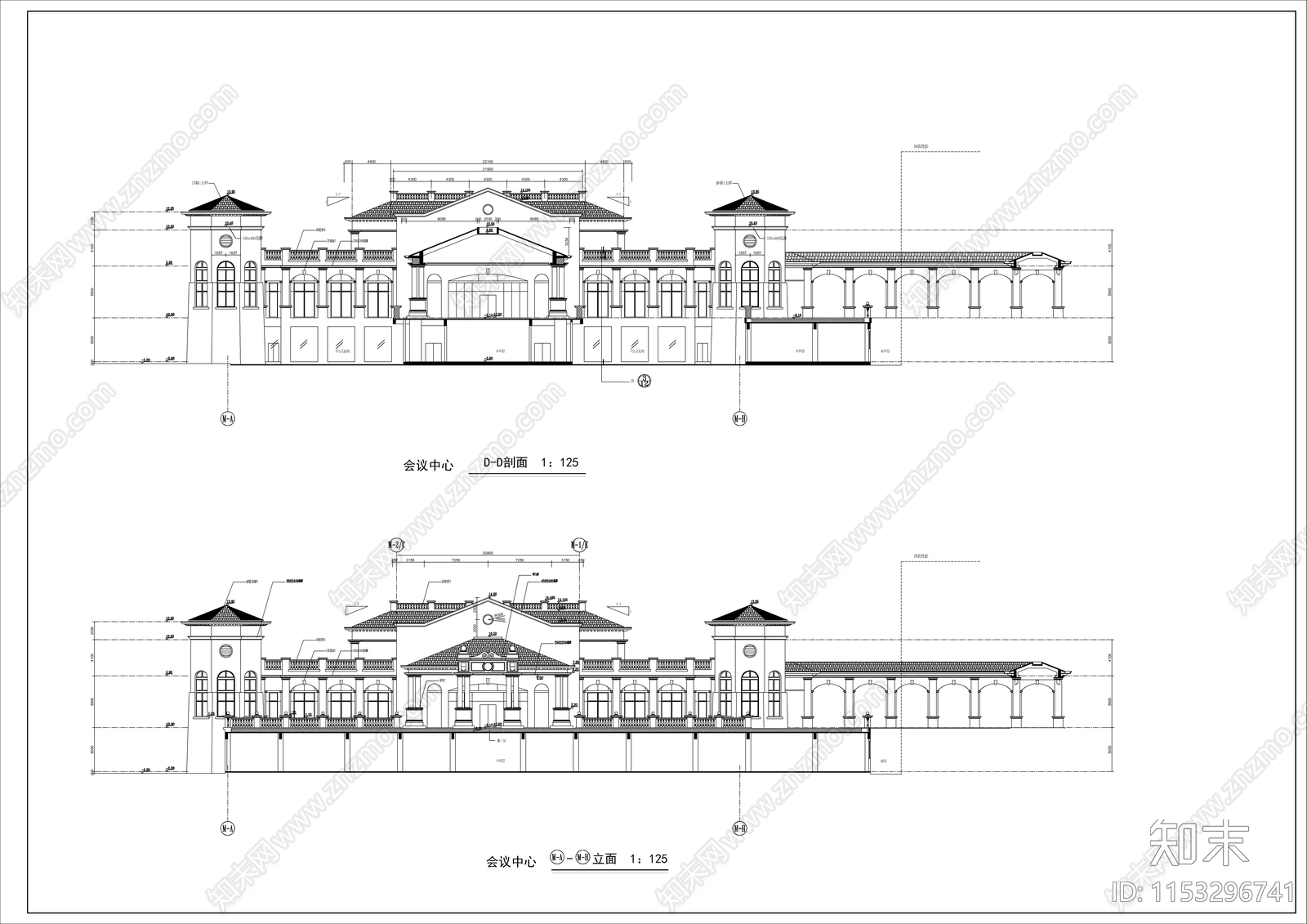 欧式风格会议中心建筑设计施工图下载【ID:1153296741】