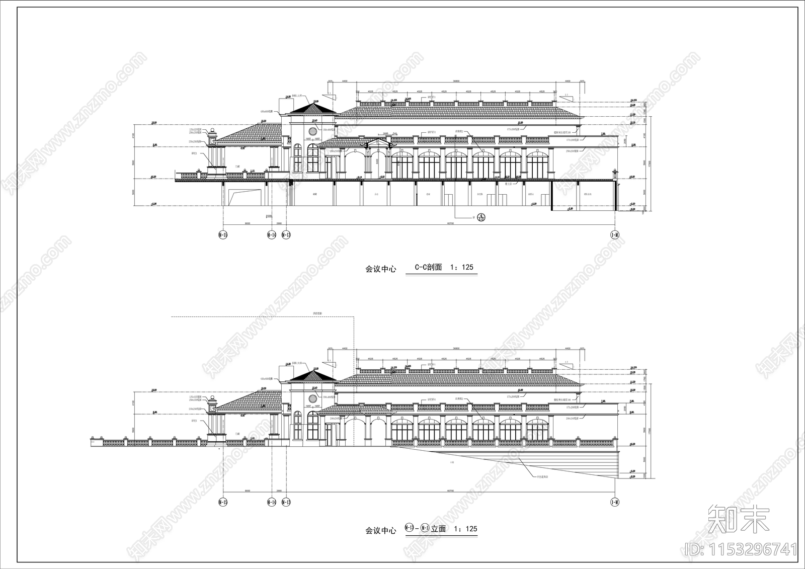 欧式风格会议中心建筑设计施工图下载【ID:1153296741】