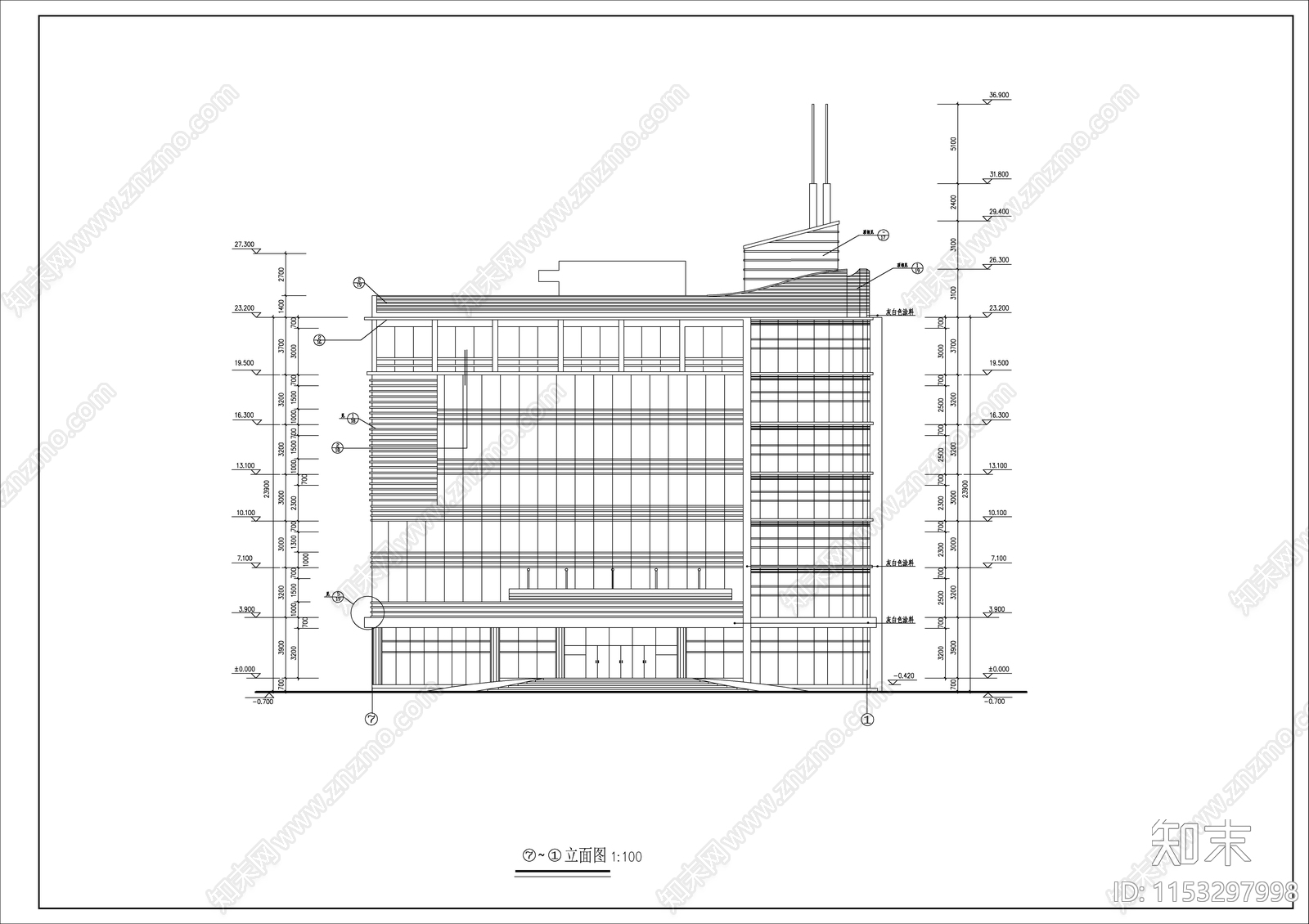 7层办公综合楼建施cad施工图下载【ID:1153297998】