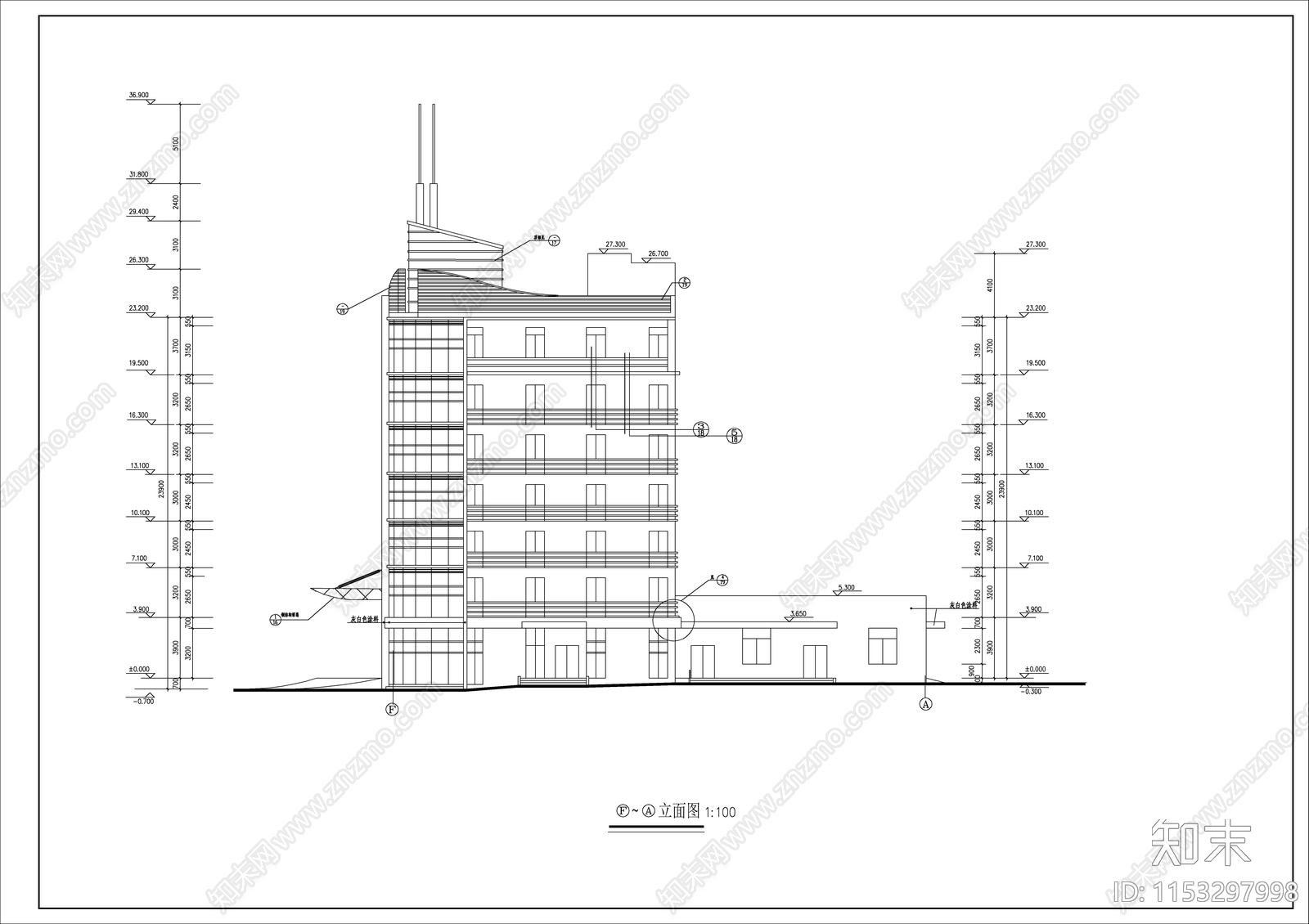 7层办公综合楼建施cad施工图下载【ID:1153297998】