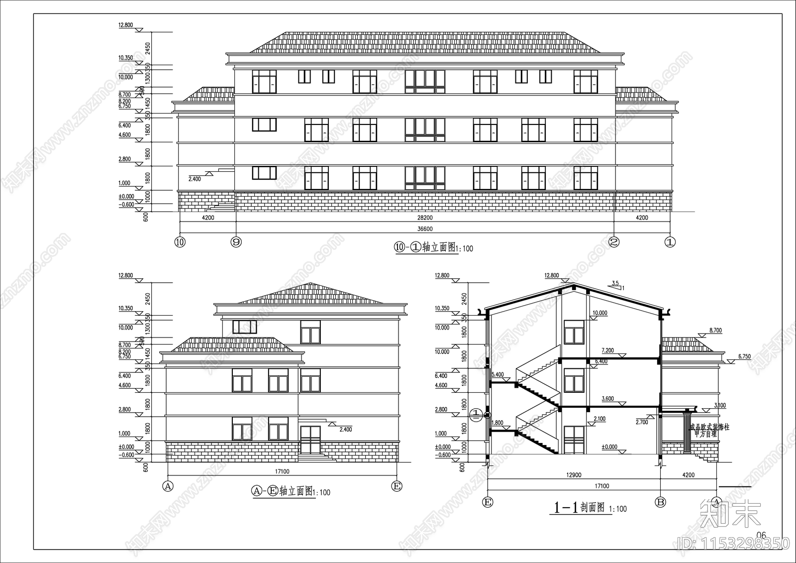 欧式坡屋面办公楼建筑cad施工图下载【ID:1153298350】