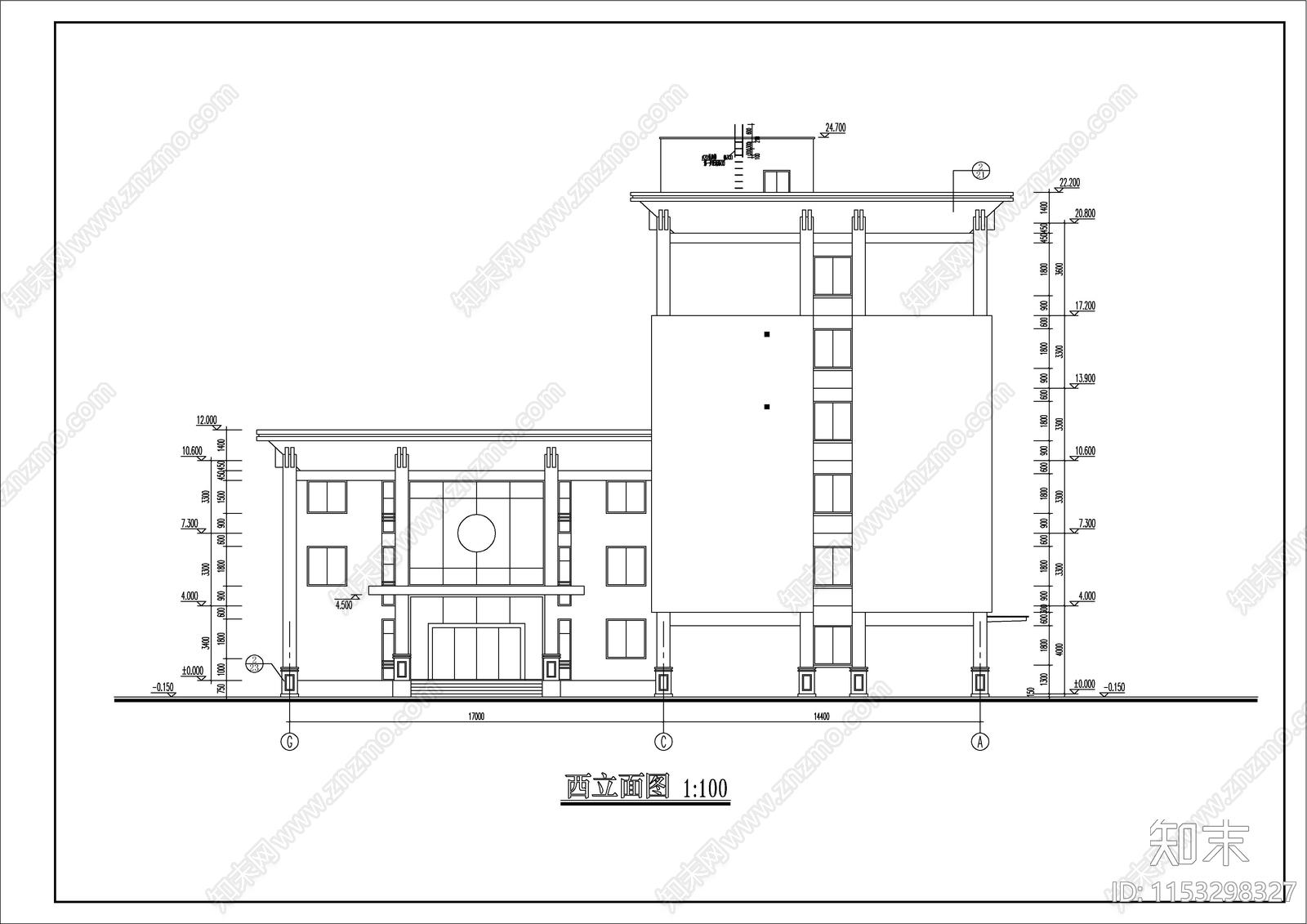 派出所办公楼建筑cad施工图下载【ID:1153298327】