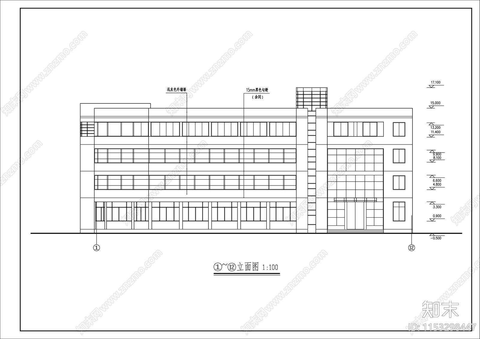 现代4层办公楼建筑cad施工图下载【ID:1153298447】