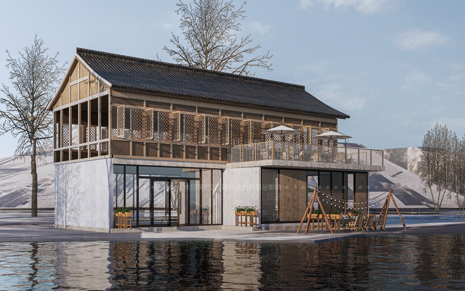新中式民宿建筑3D模型下载【ID:1153304667】
