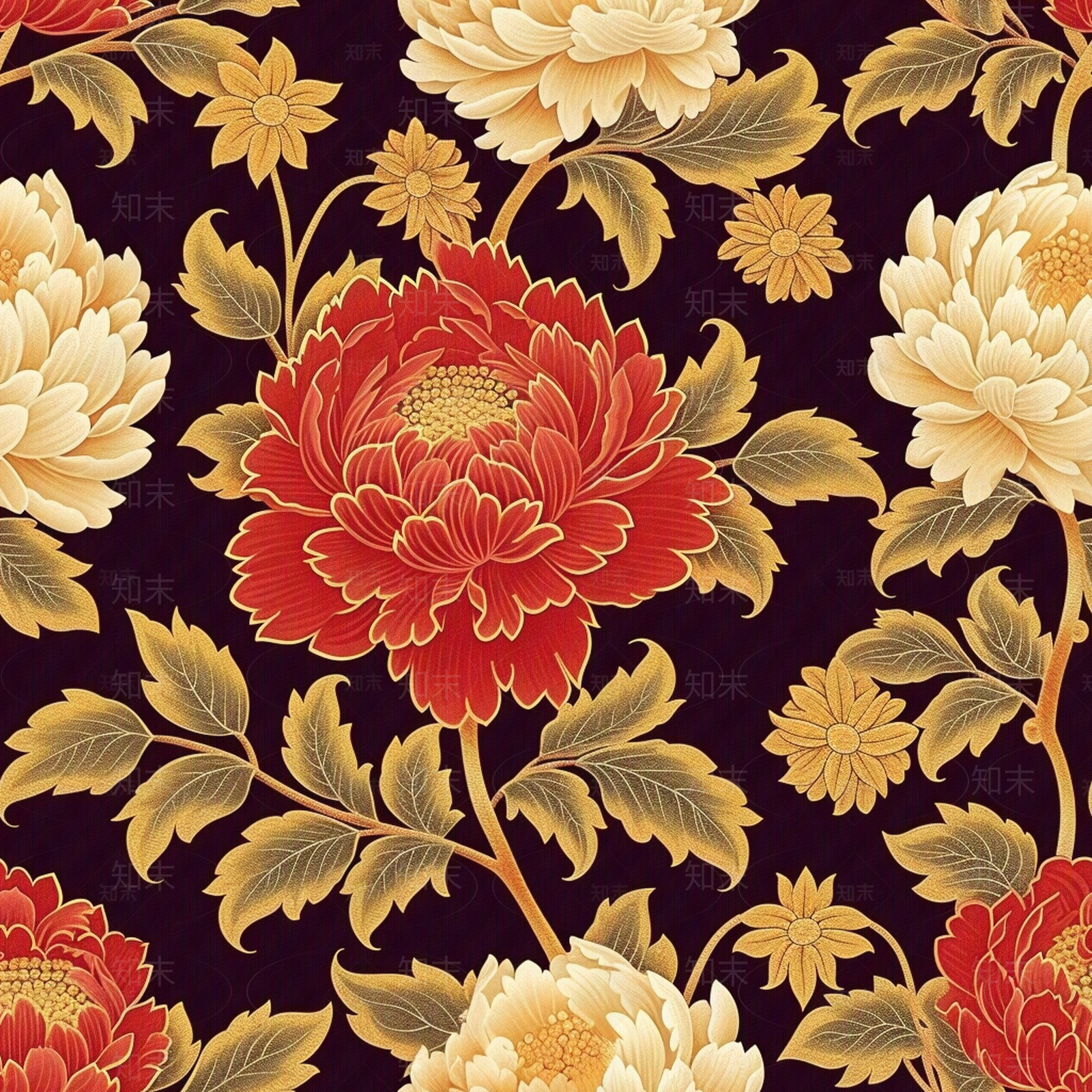 无缝中式金箔红色牡丹壁纸贴图下载【ID:1153308623】