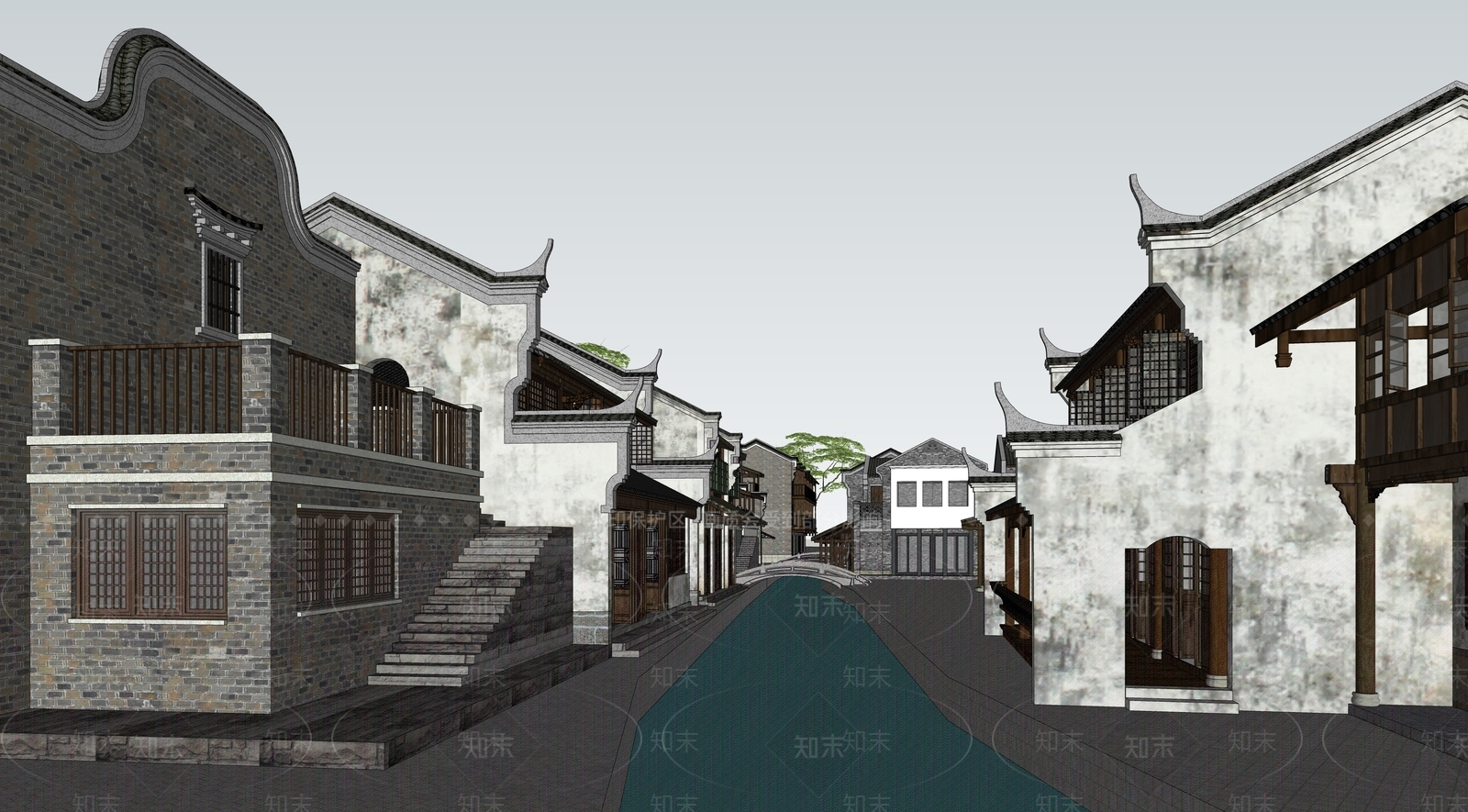绍兴中式古镇商业街SU模型下载【ID:1153318013】