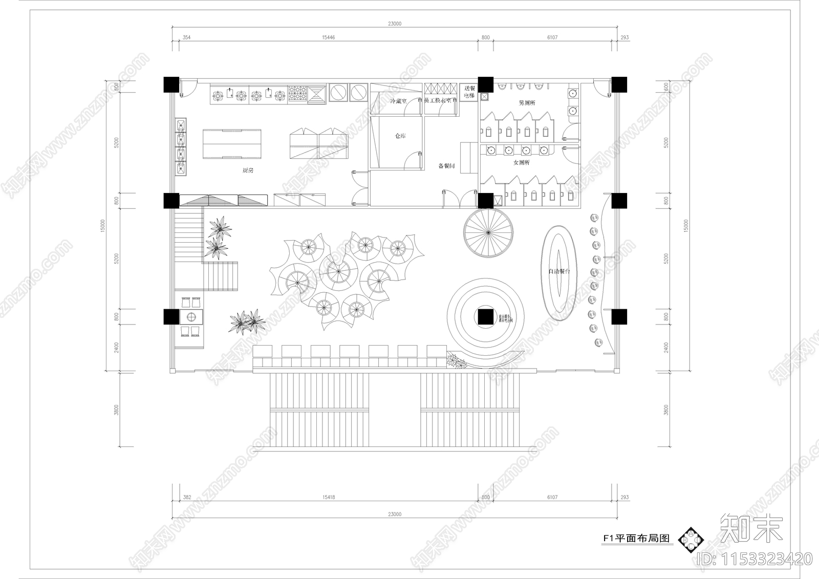 720㎡自助餐厅cad施工图下载【ID:1153323420】