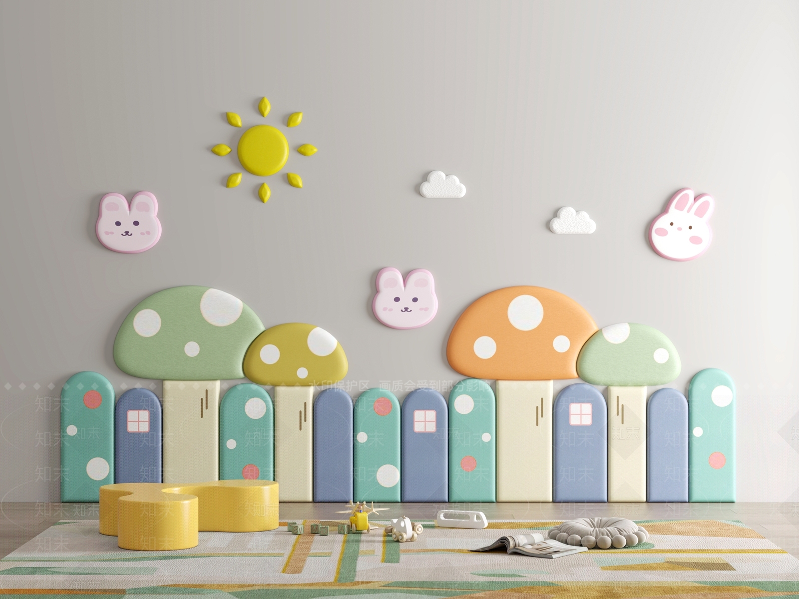 现代儿童房软包硬包墙3D模型下载【ID:1153330427】