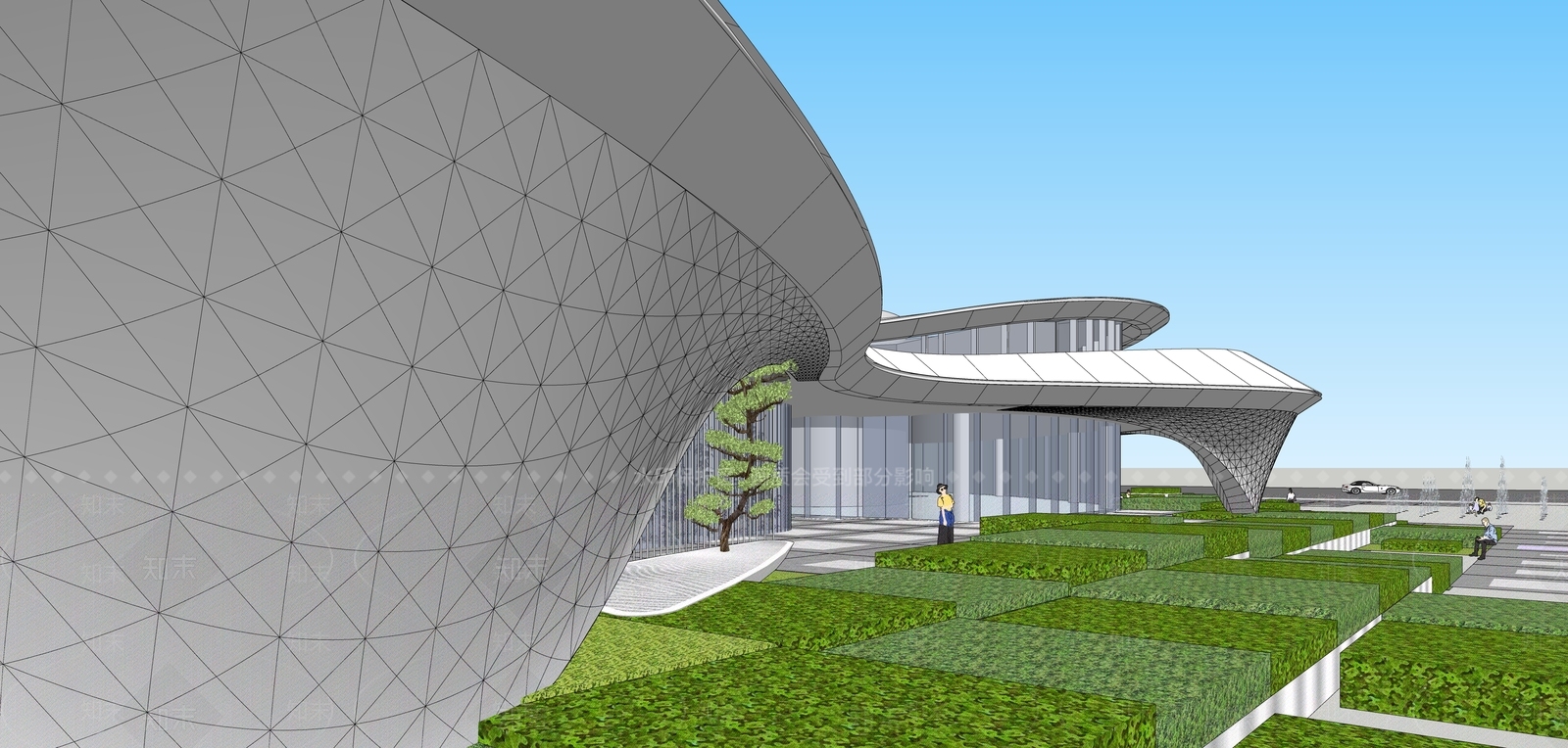 现代弧形展览馆建筑SU模型下载【ID:1153332426】