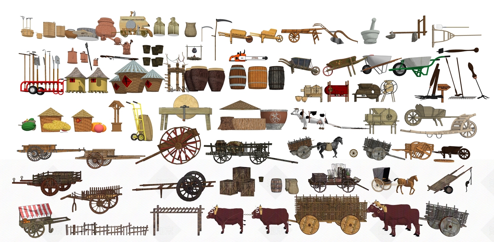 中式乡村田园农具SU模型下载【ID:1153335135】