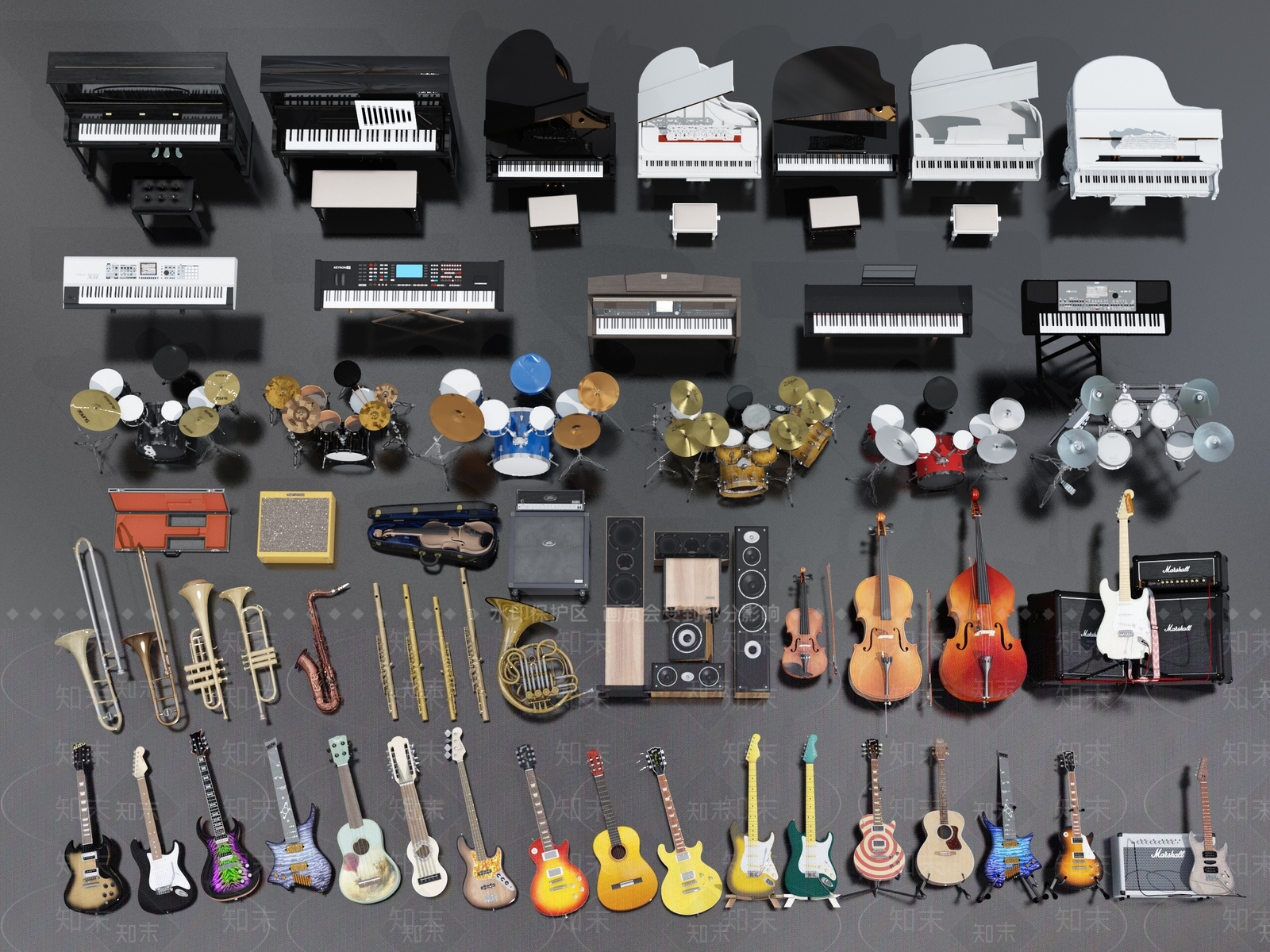 现代乐器组合3D模型下载【ID:1153338978】