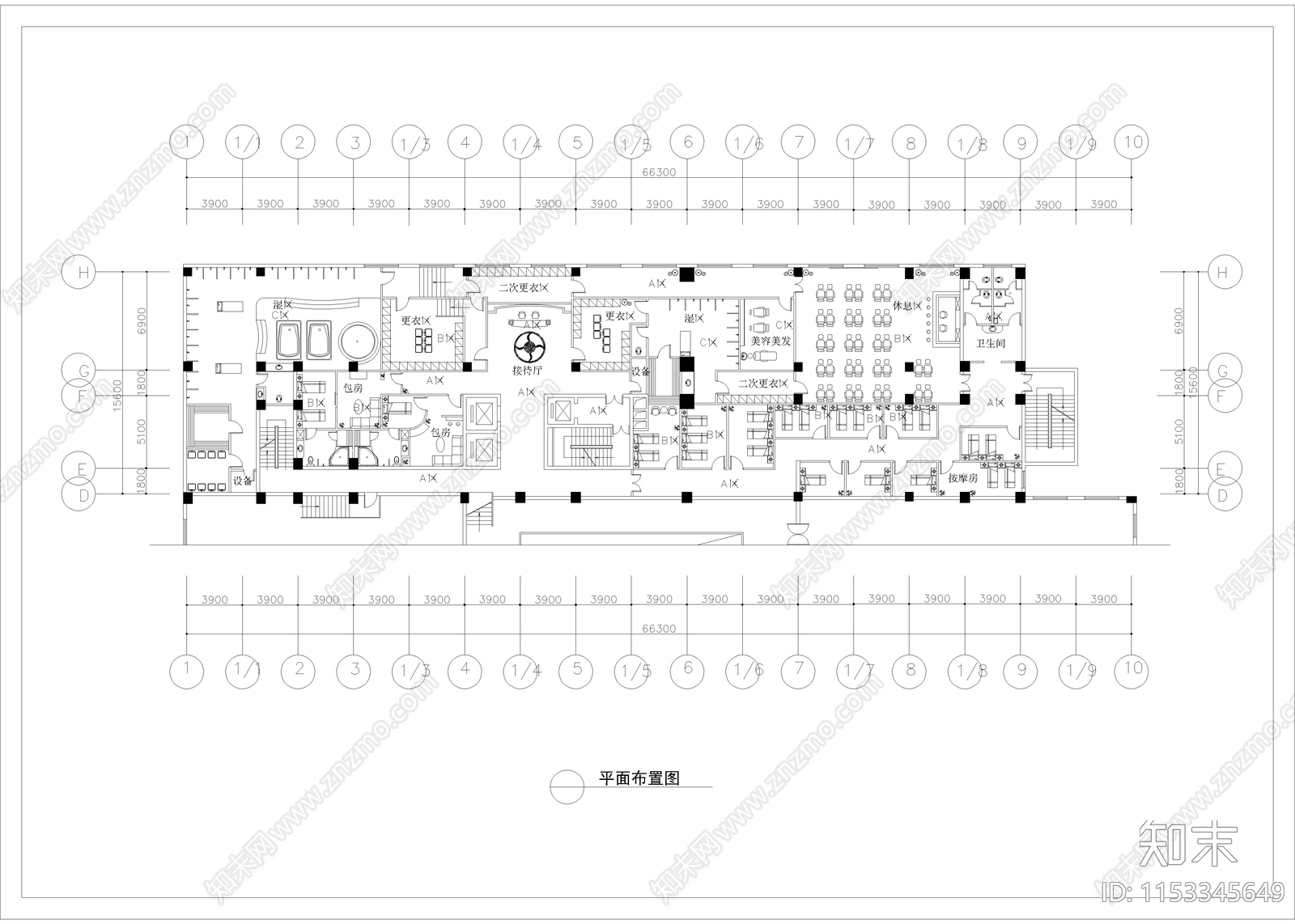 1020㎡汤泉桑拿洗浴中心cad施工图下载【ID:1153345649】