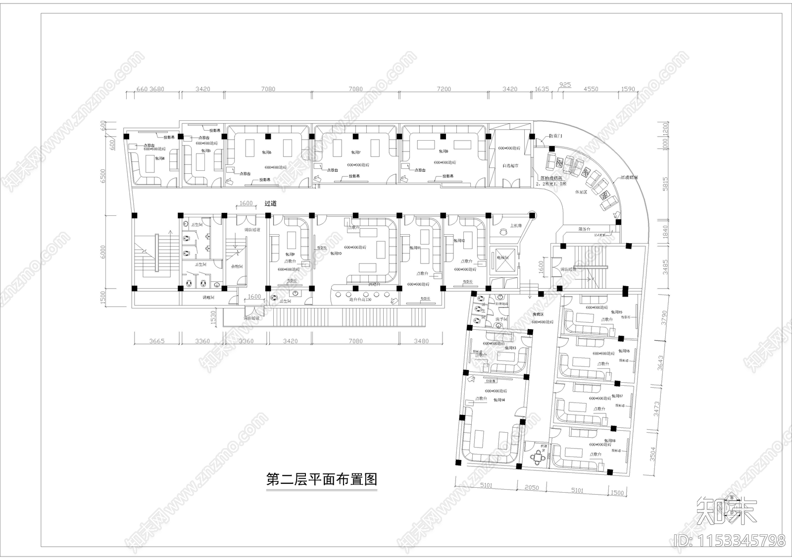 1160㎡KTV酒吧休闲会所cad施工图下载【ID:1153345798】