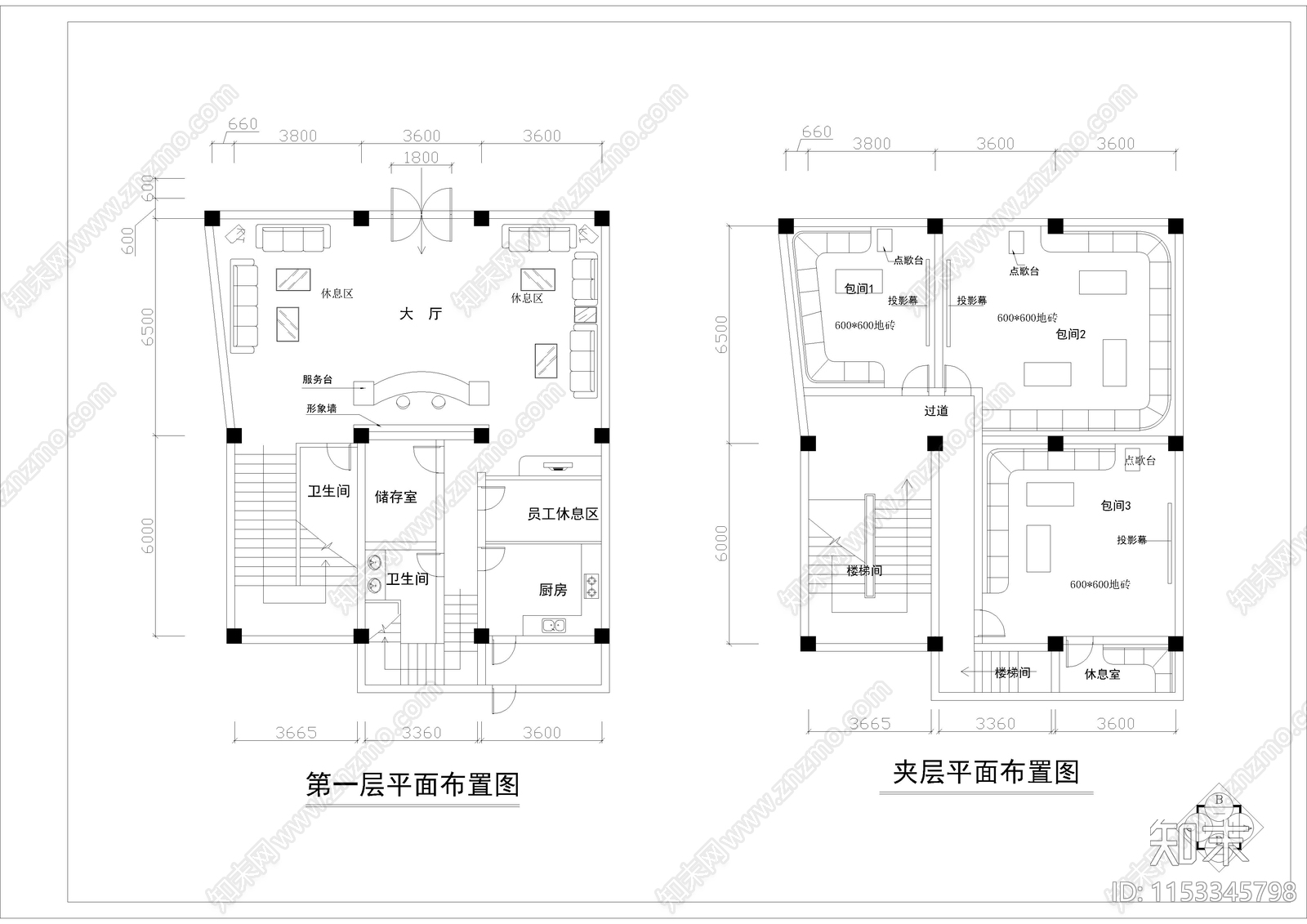 1160㎡KTV酒吧休闲会所cad施工图下载【ID:1153345798】