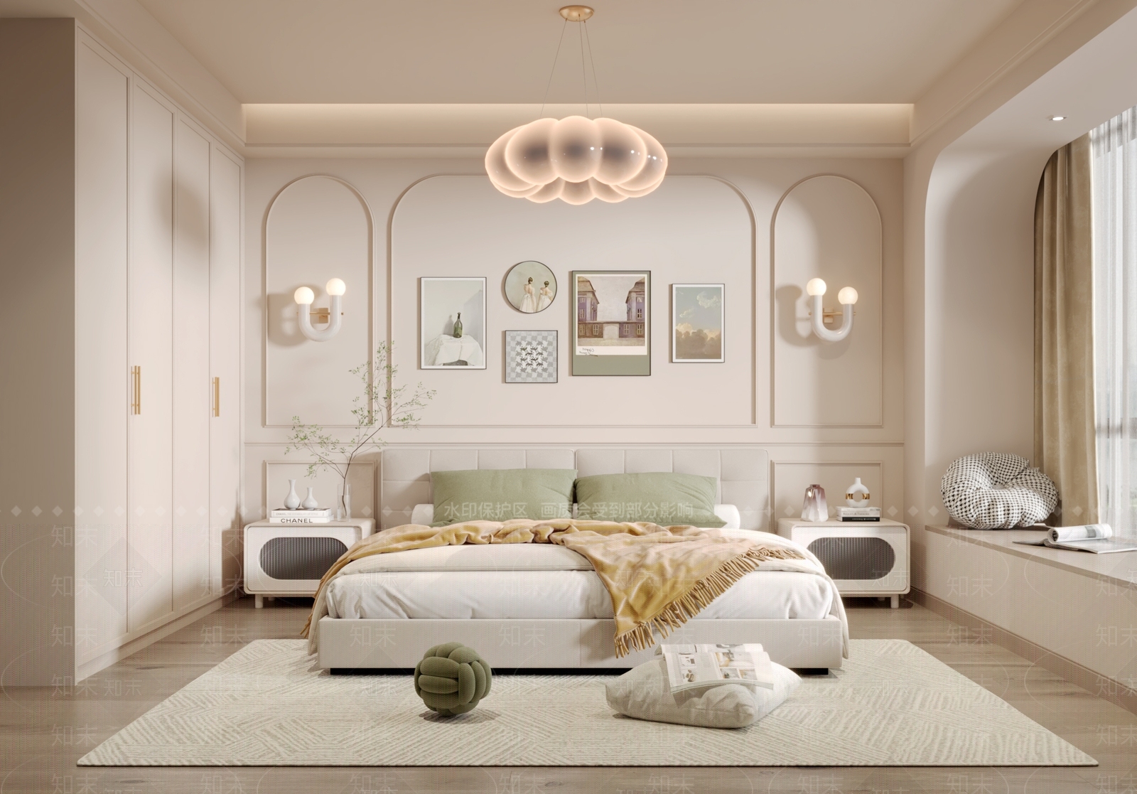 法式奶油风卧室3D模型下载【ID:1153357043】