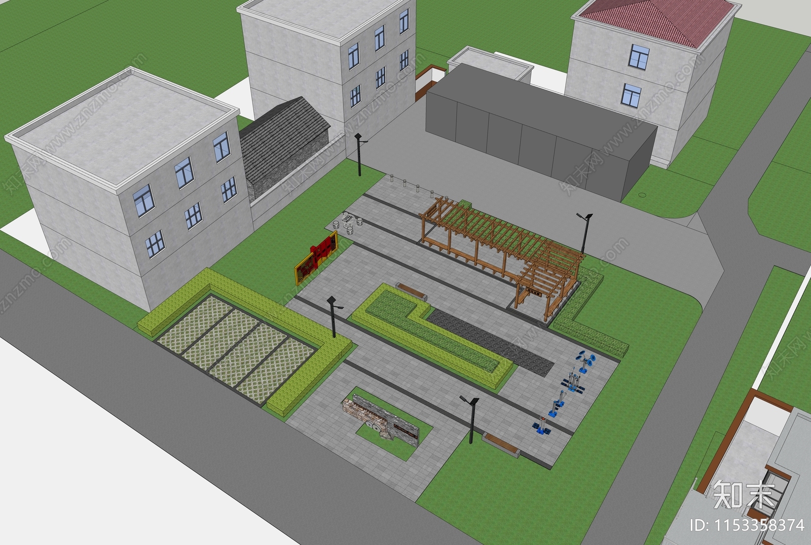 新中式乡村休闲广场SU模型下载【ID:1153358374】