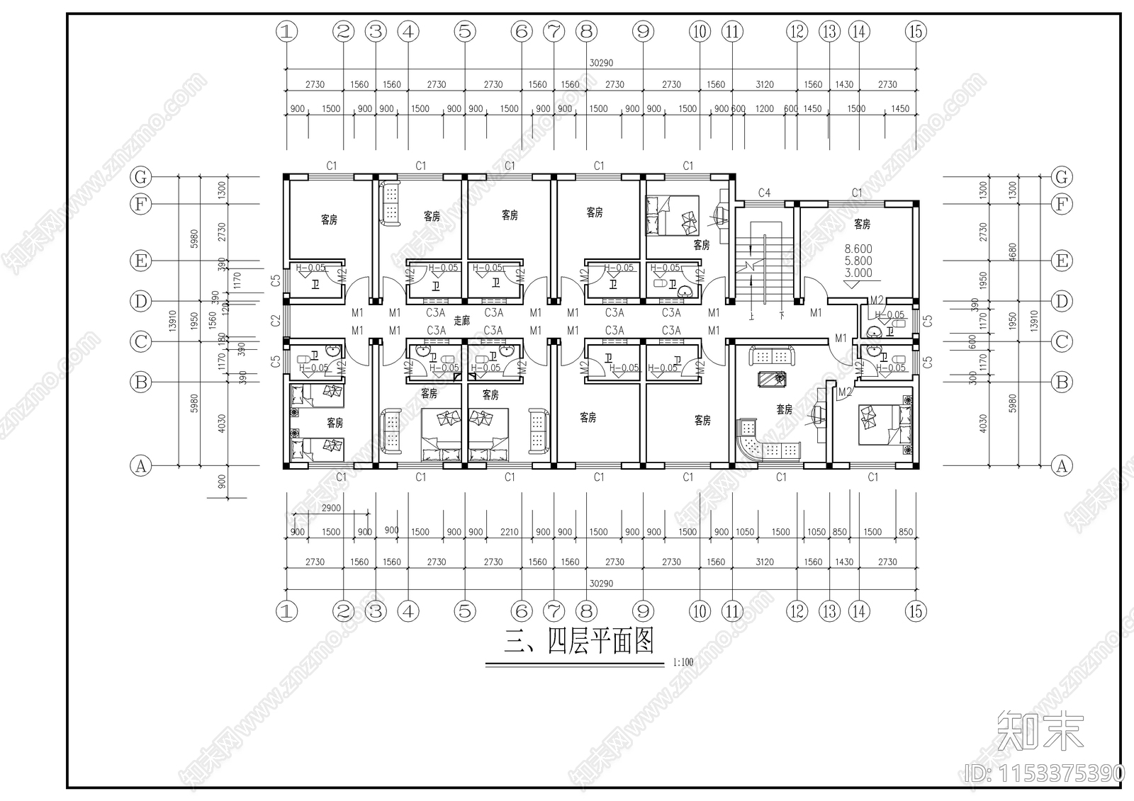 某单身公寓建筑结构cad施工图下载【ID:1153375390】