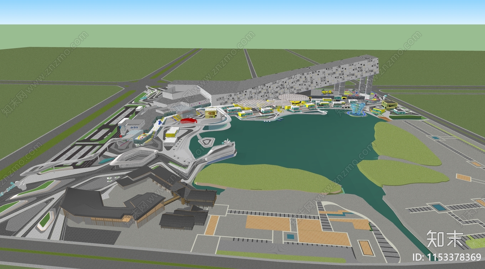 现代滨水景观SU模型下载【ID:1153378369】