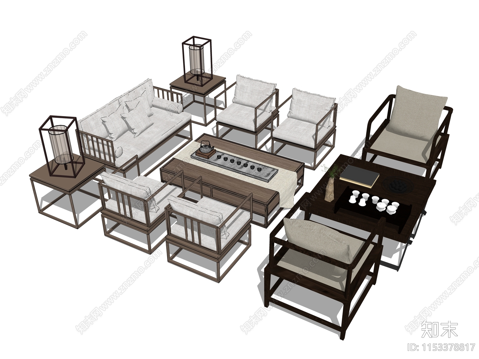 新中式沙发茶几组合SU模型下载【ID:1153378817】