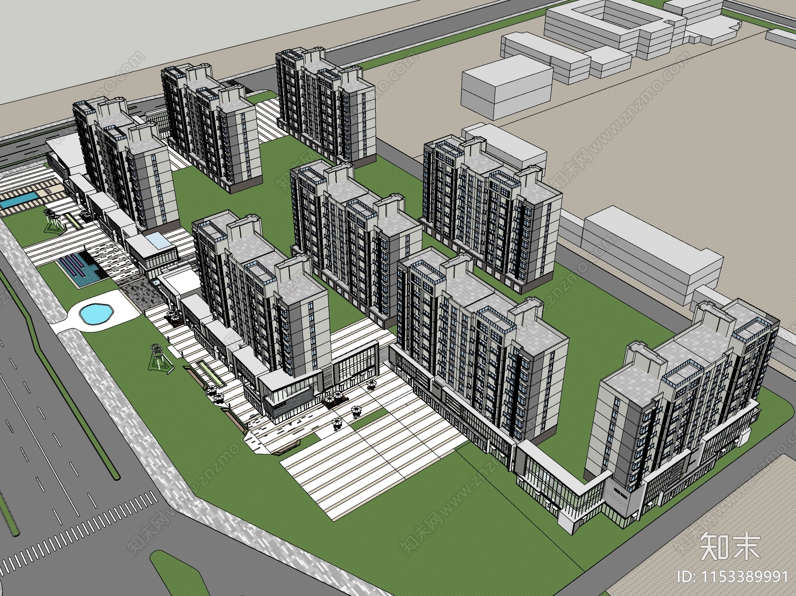 现代风格小区建筑SU模型下载【ID:1153389991】