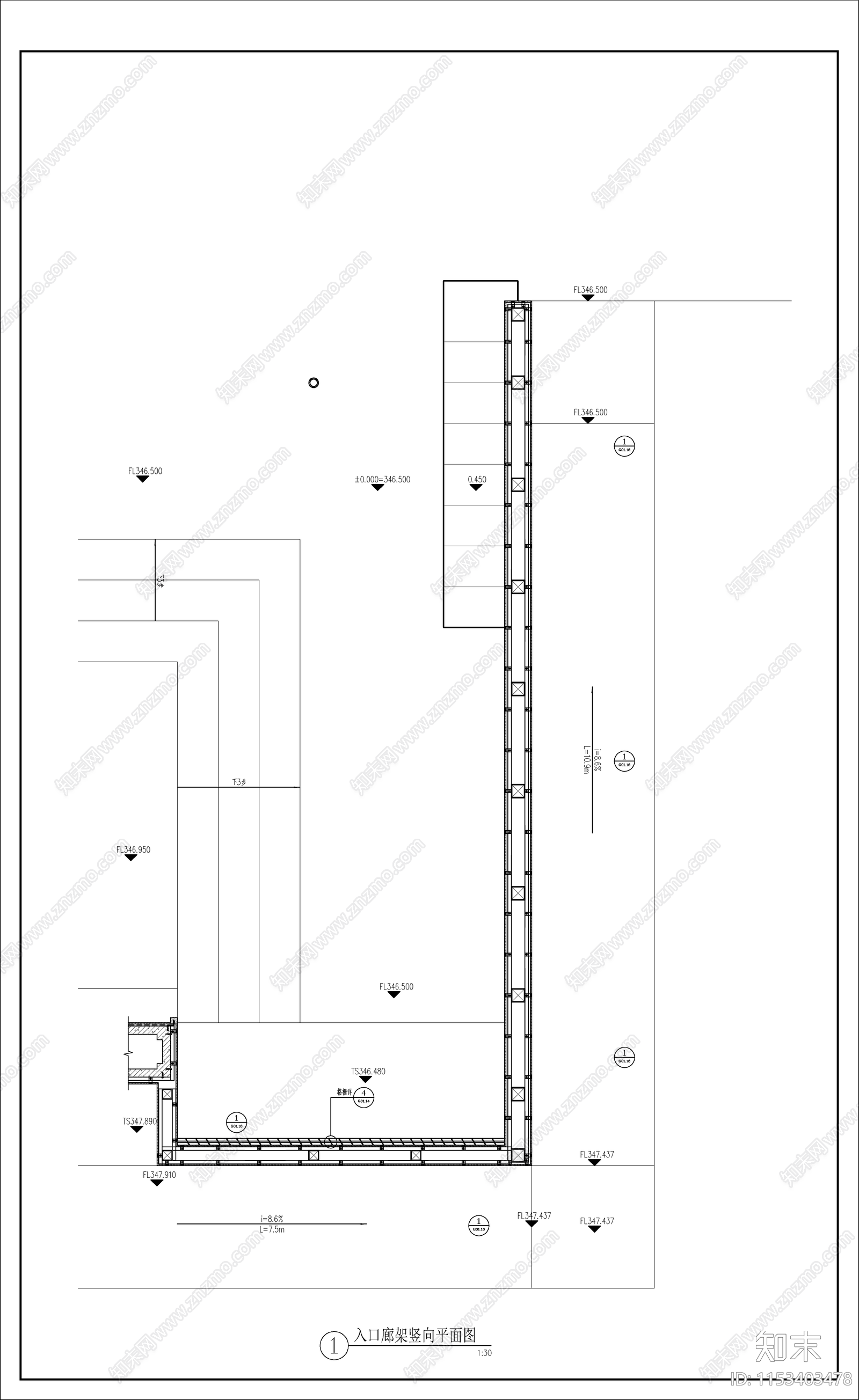 新中式入口景观廊架cad施工图下载【ID:1153403478】