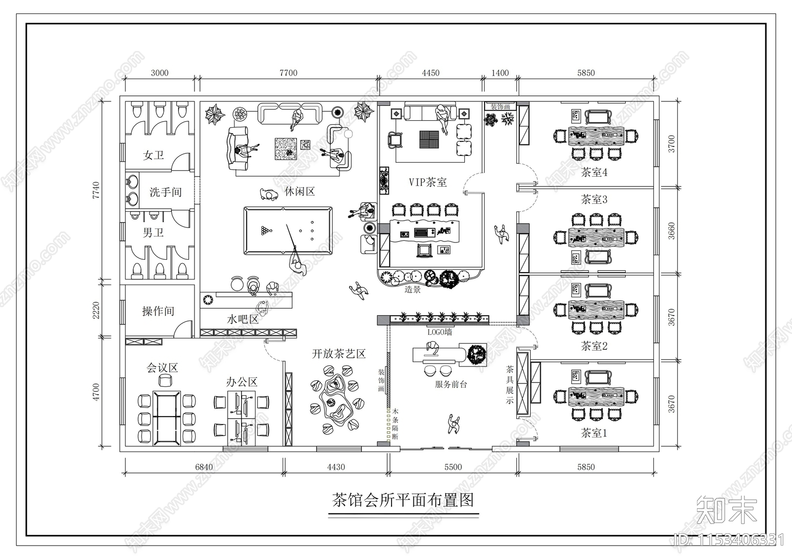 现代茶室会所平面布局图施工图下载【ID:1153406331】