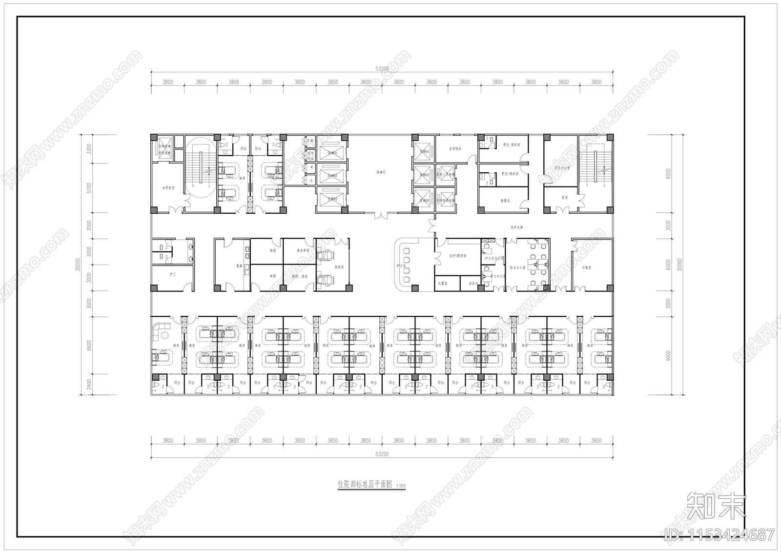 住院部标准层平面图施工图下载【ID:1153424687】