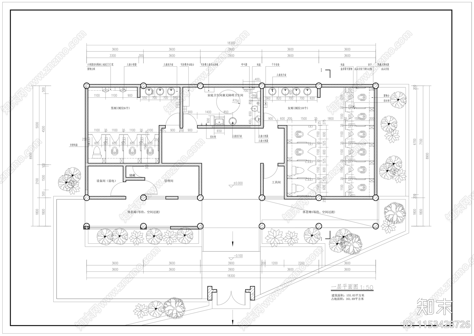 中式风格公共厕所建筑施工图下载【ID:1153428726】