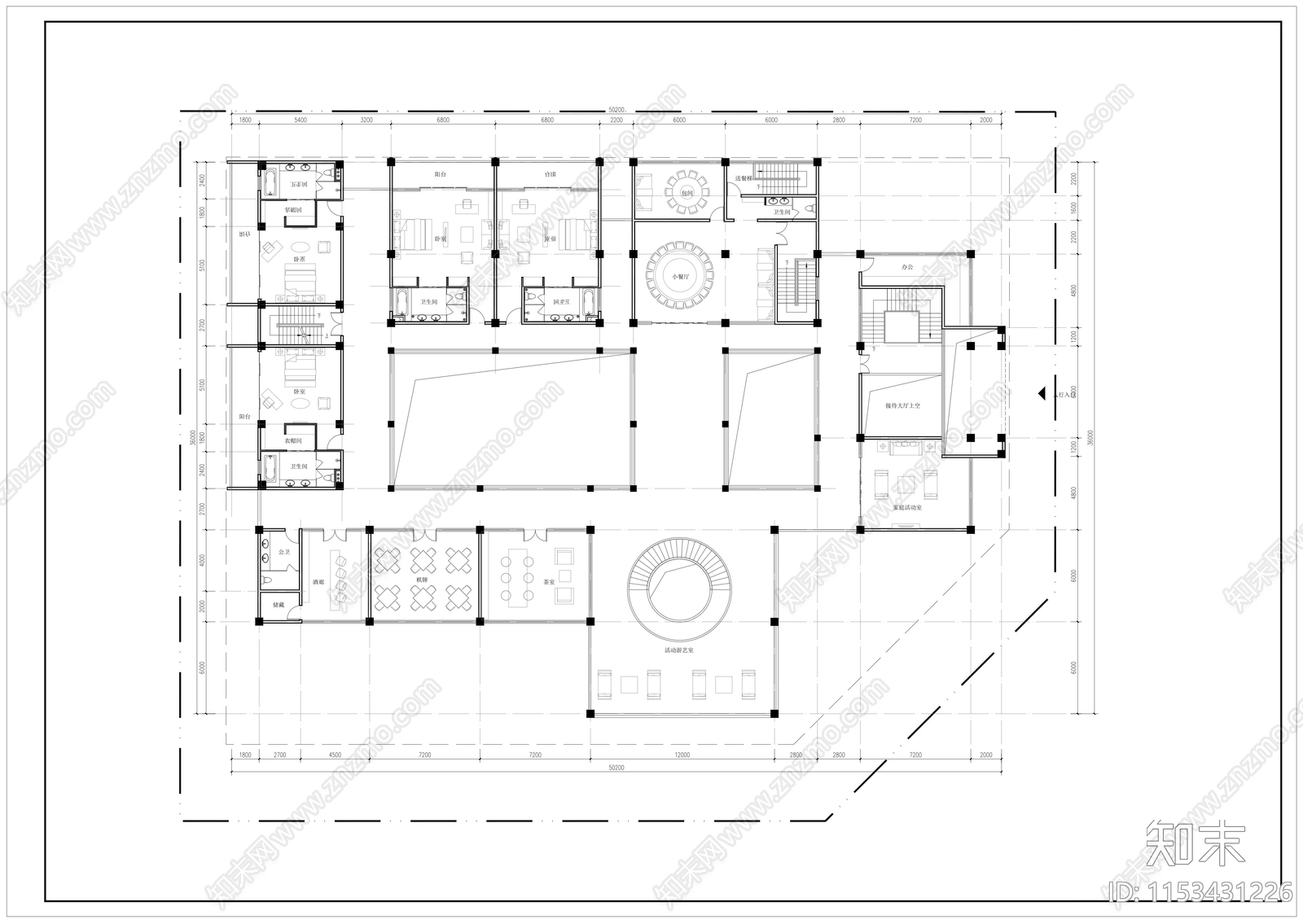 会所酒店建筑平面图施工图下载【ID:1153431226】