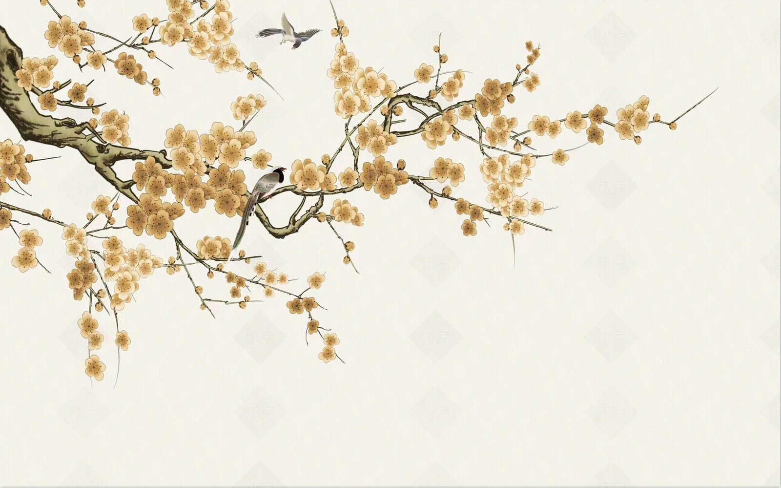 新中式花鸟梅花壁画壁纸硬包贴图下载【ID:1153437066】