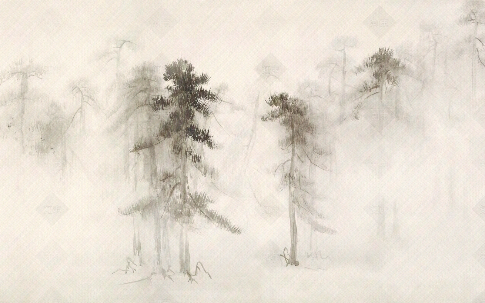 新中式灰色松树剪影壁画壁纸硬包贴图下载【ID:1153437992】