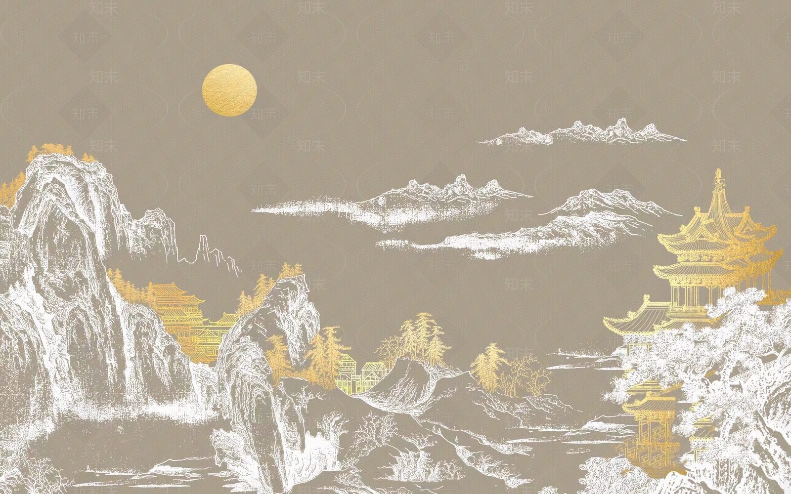 暖色中式鎏金山水壁画壁纸硬包贴图下载【ID:1153440830】