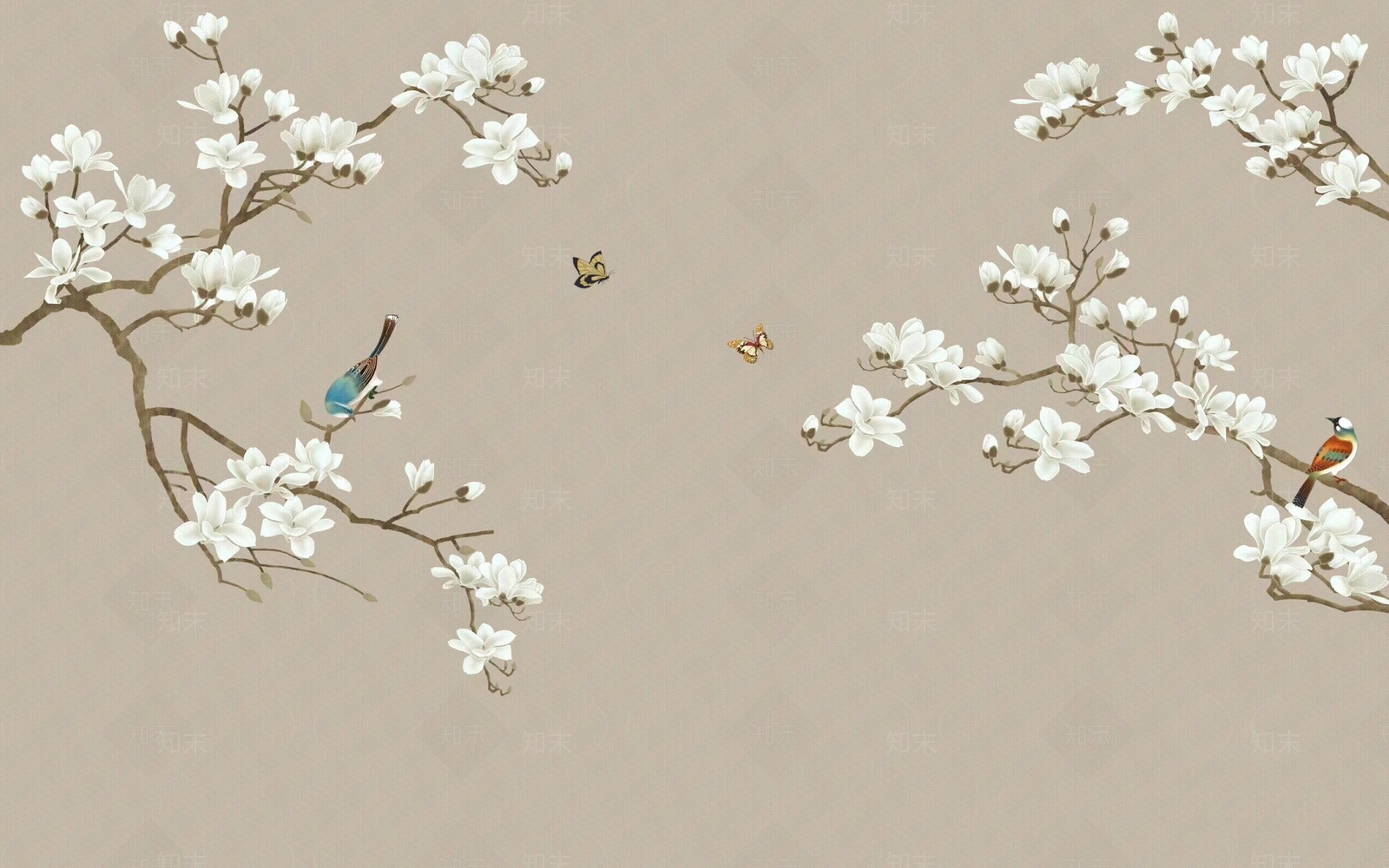 暖色中式花鸟壁纸壁画硬包贴图下载【ID:1153441752】