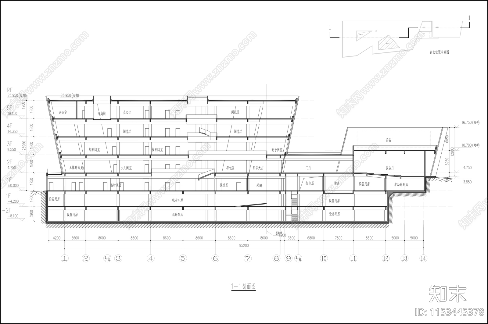 图书馆建筑cad施工图下载【ID:1153445378】