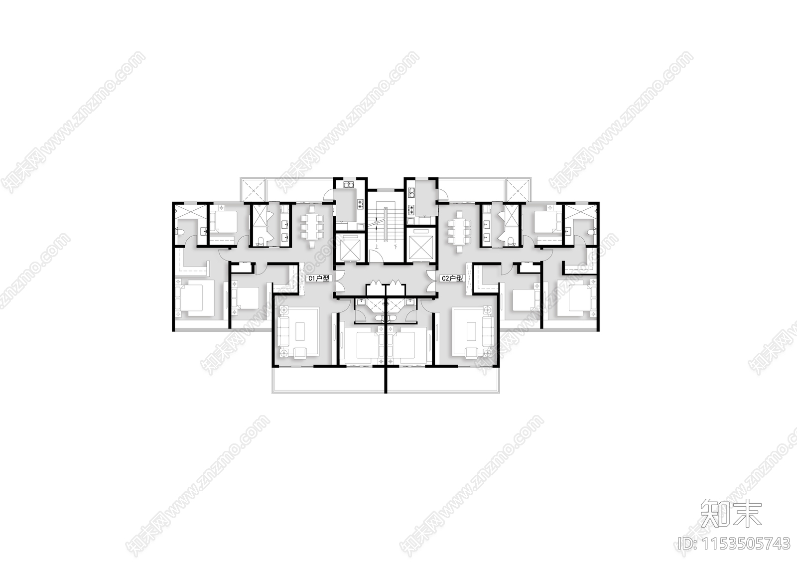 现代风格洋房建筑户型平面图cad施工图下载【ID:1153505743】