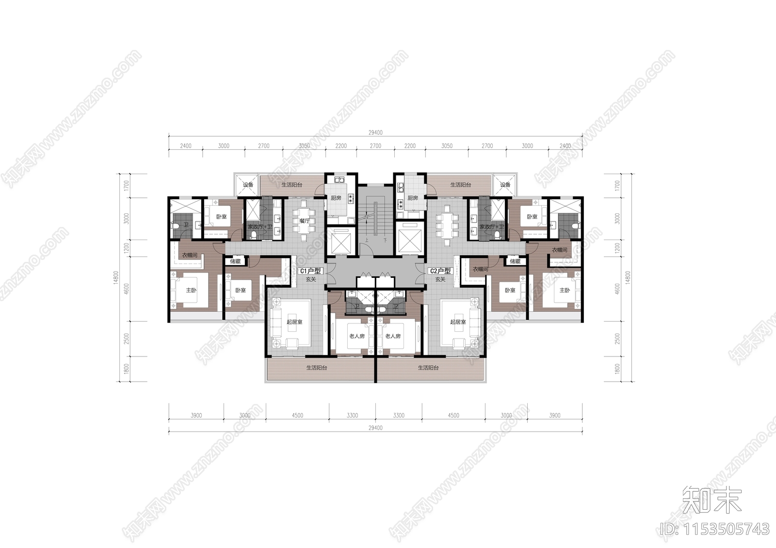 现代风格洋房建筑户型平面图施工图下载【ID:1153505743】