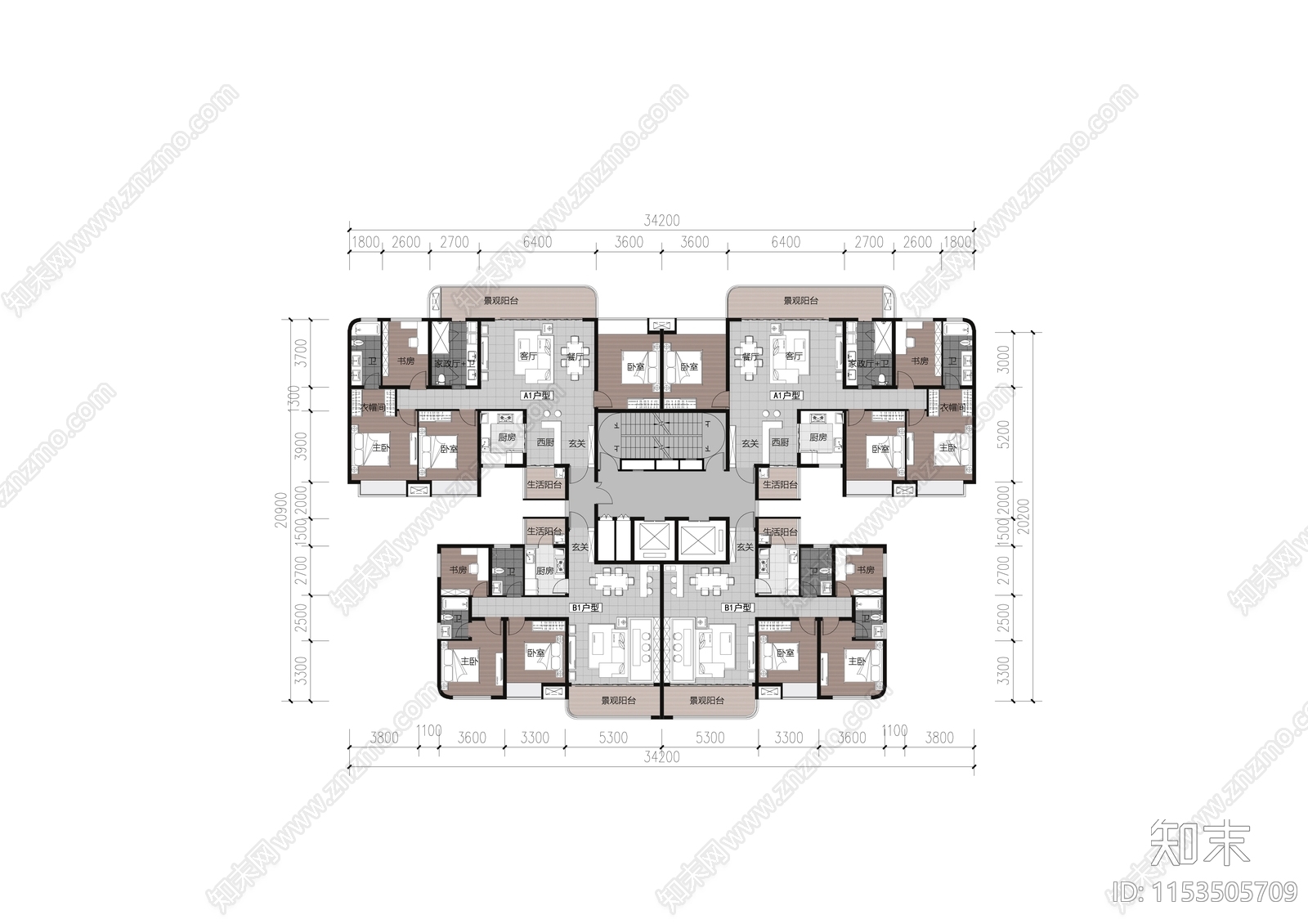 现代风格高层住宅建筑户型平面图施工图下载【ID:1153505709】