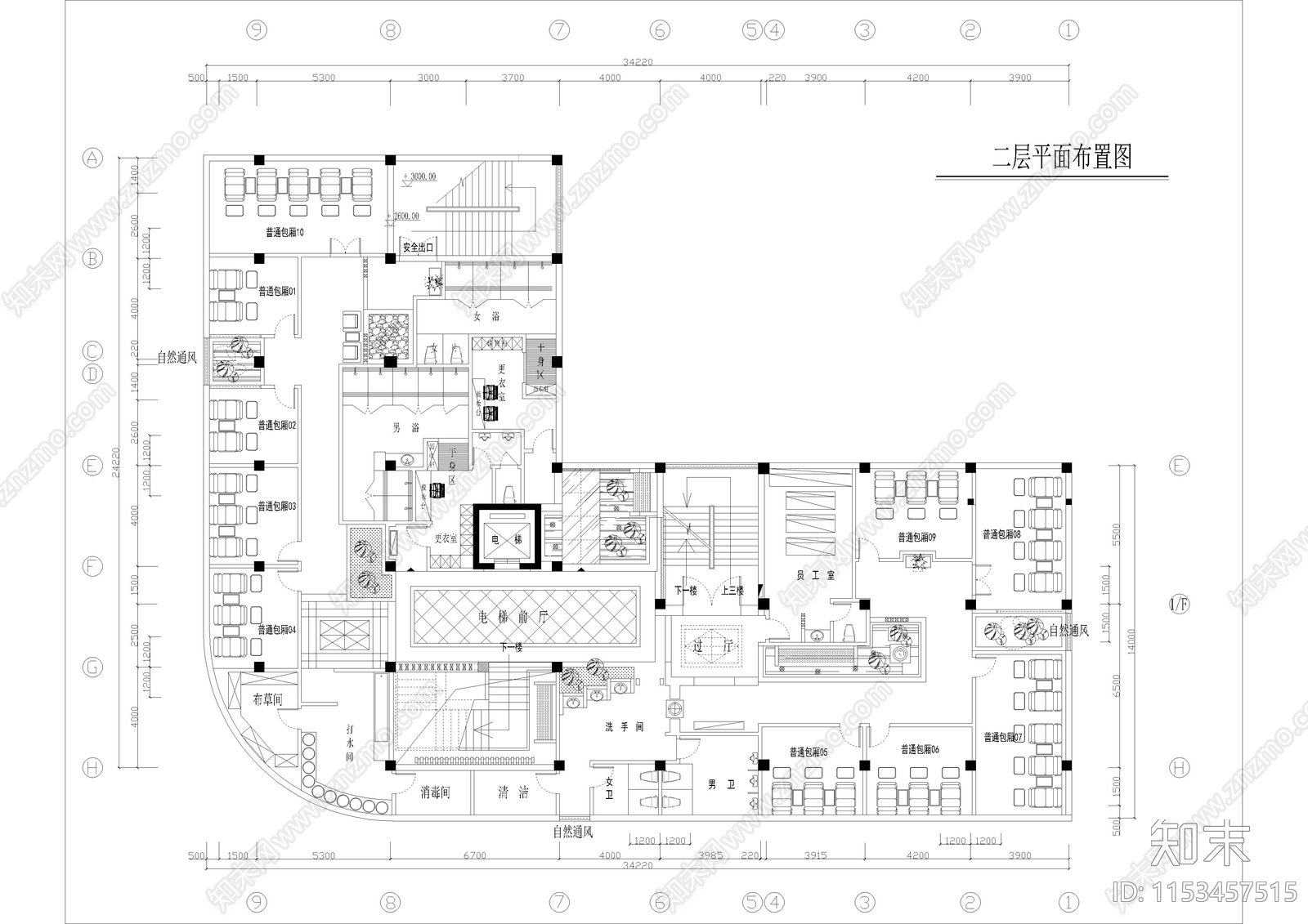 2560㎡足浴足疗休闲会所cad施工图下载【ID:1153457515】